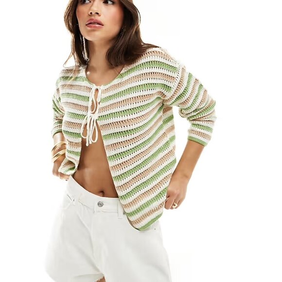 NWOT Pieces tie front crochet cardigan in green stripe - Picture 1 of 4